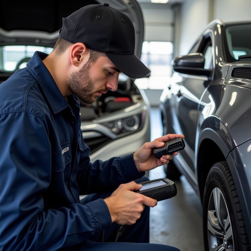 Mechanic Using Diagnostic Tool on Car