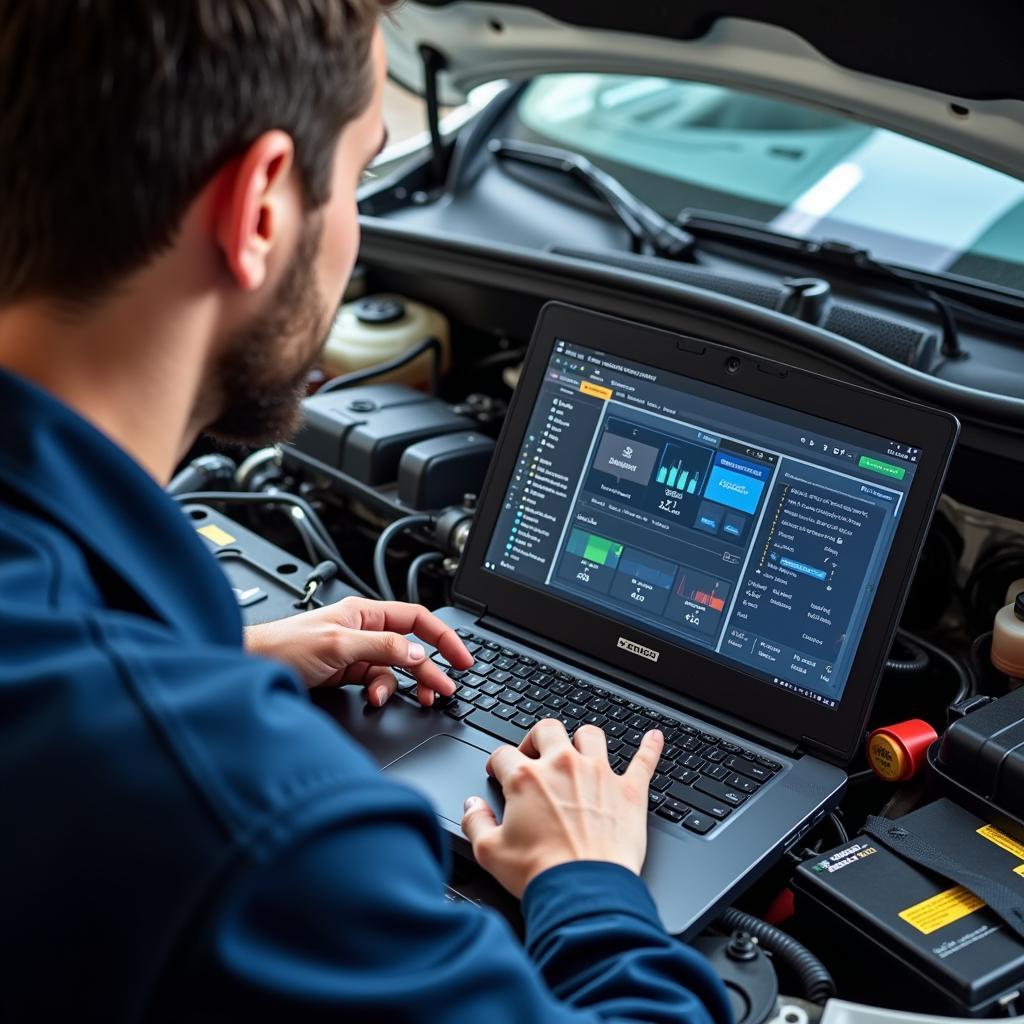 Mechanic Using Laptop for Ford Diagnostics