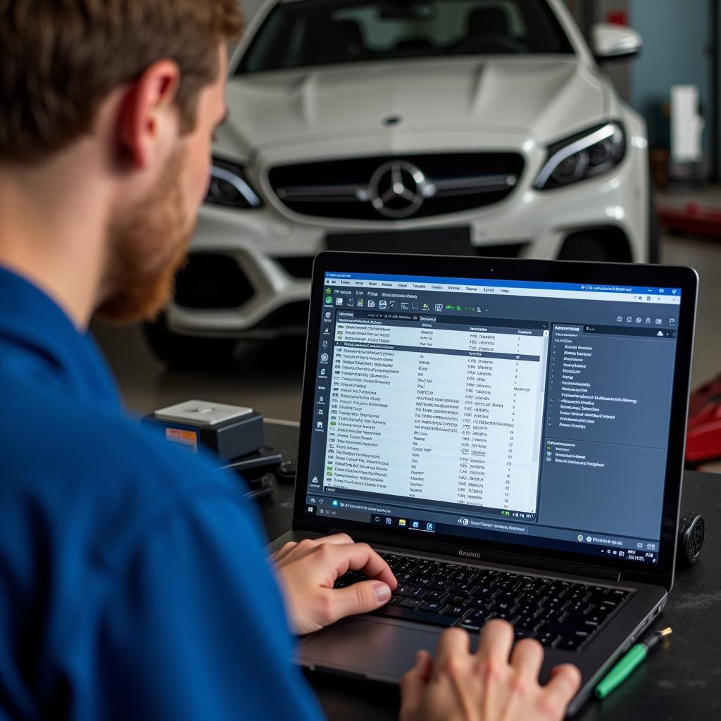 Mechanic using a laptop with VCDS software