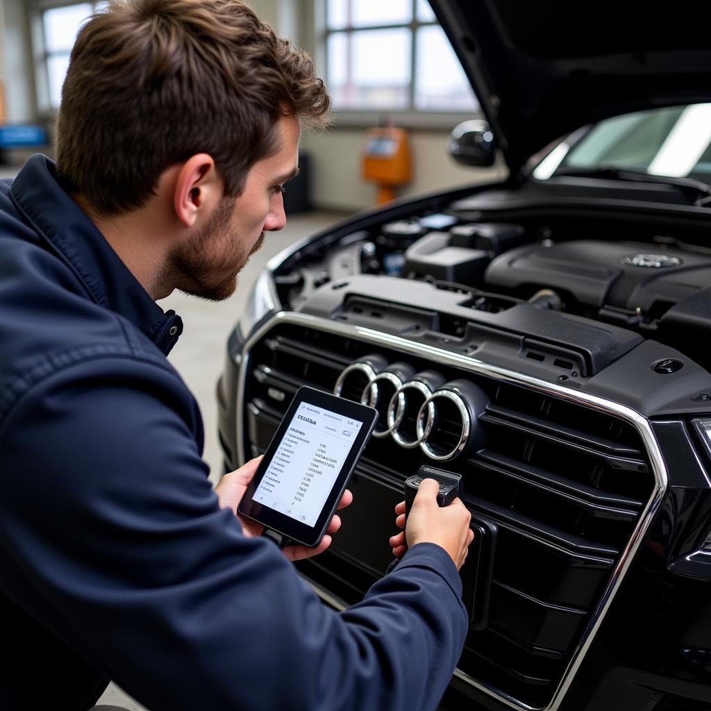 Mechanic using an OBD-II scanner on an Audi