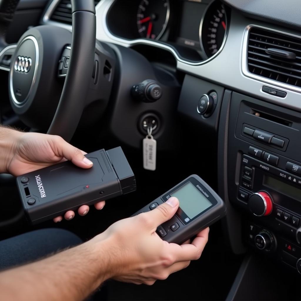 Mechanic using OBD scanner on Audi A4