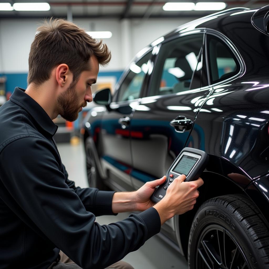 Mechanic Diagnosing Porsche Macan with OBD Scanner