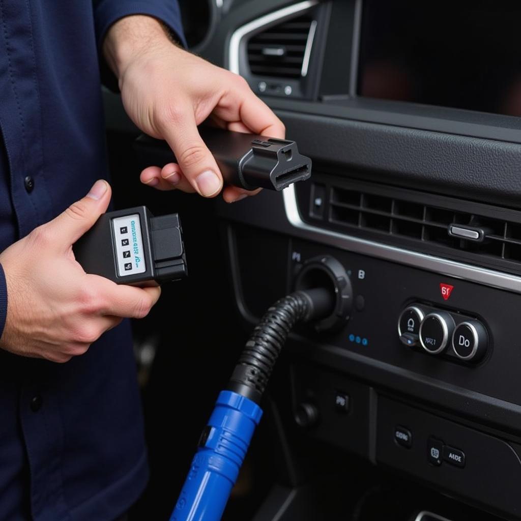 Mechanic Using OBD2 Scanner on Audi A4