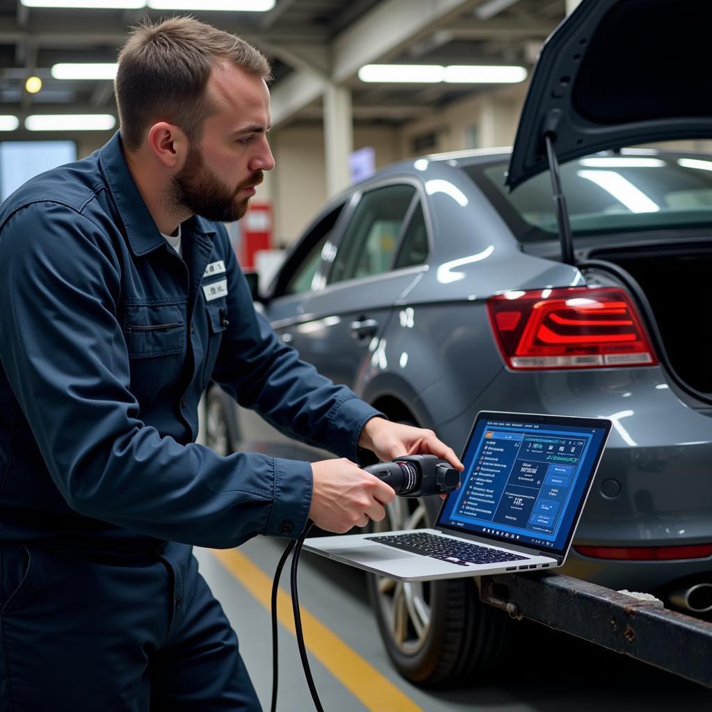 Mechanic Using OBD2 Scanner on Volkswagen