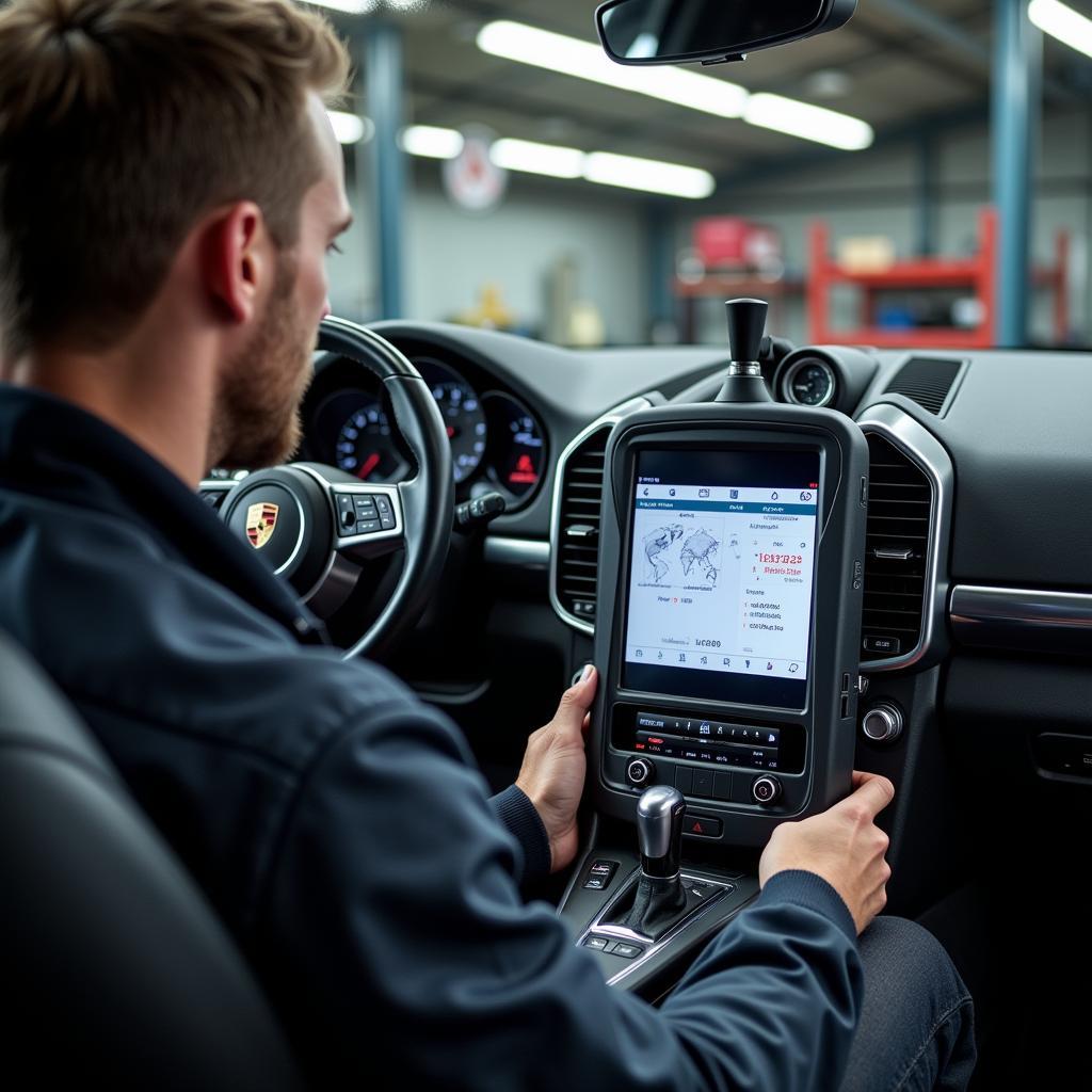 Mechanic Using Professional Porsche Cayenne Fault Code Reader