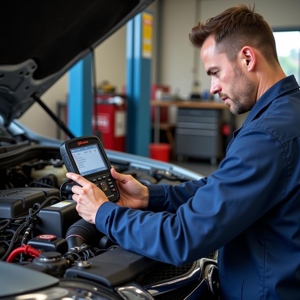 Mechanic Utilizing a Ross-Tech Clone for Car Diagnostics