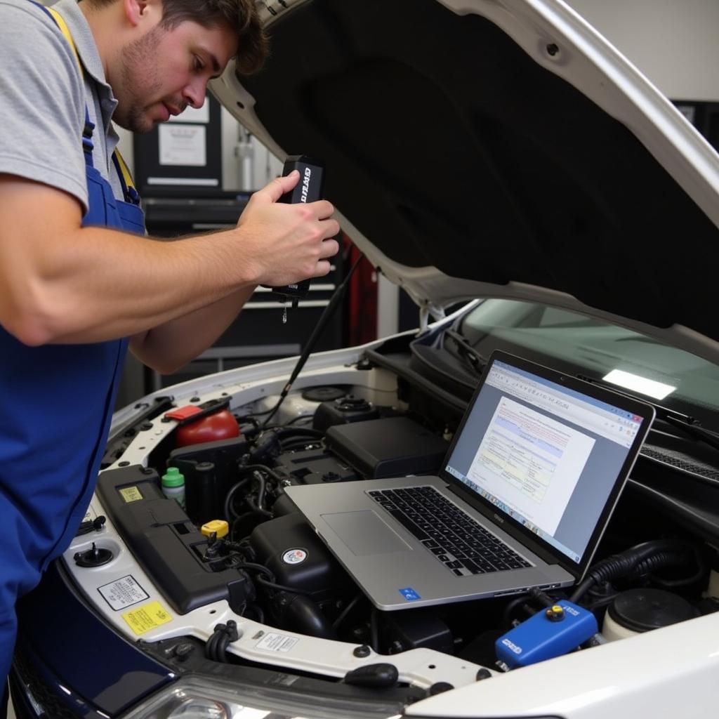 Mechanic using a Ross-Tech HEX+CAN to diagnose a car