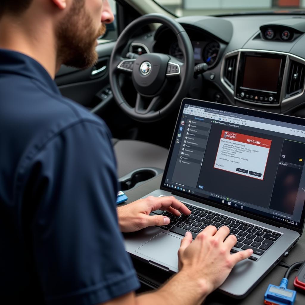 Mechanic using a Ross Tech HEX-CAN to diagnose car problem