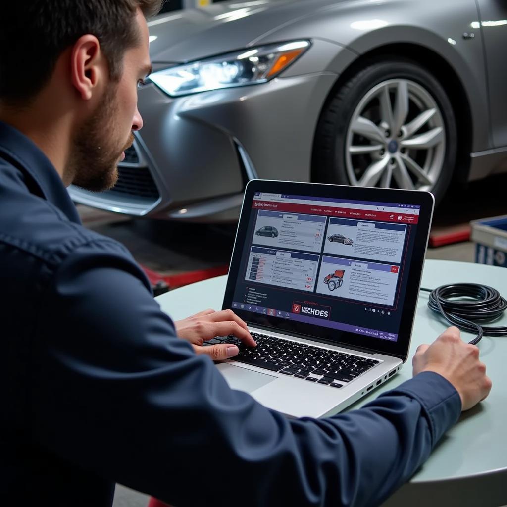 Mechanic using the Ross-Tech Direct Interface to diagnose a car