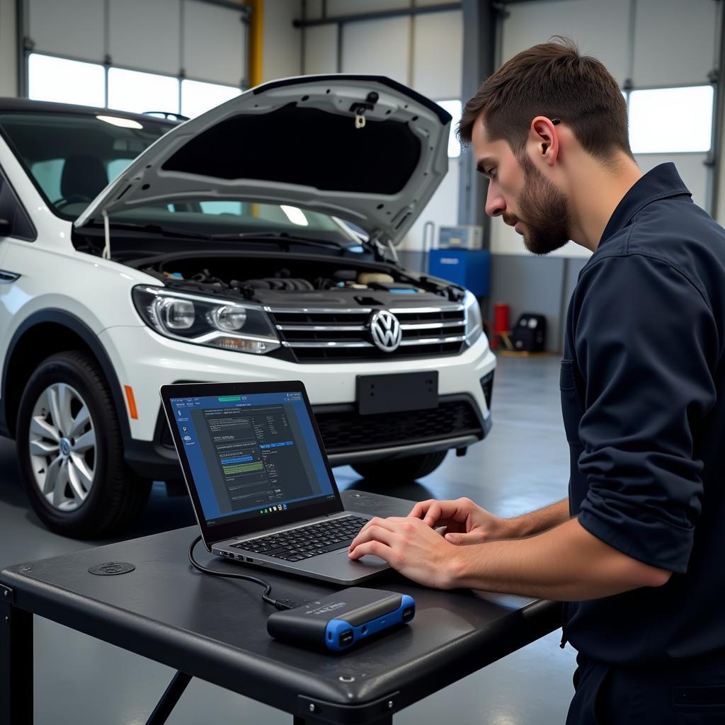 Mechanic using Ross-Tech software to diagnose a Volkswagen