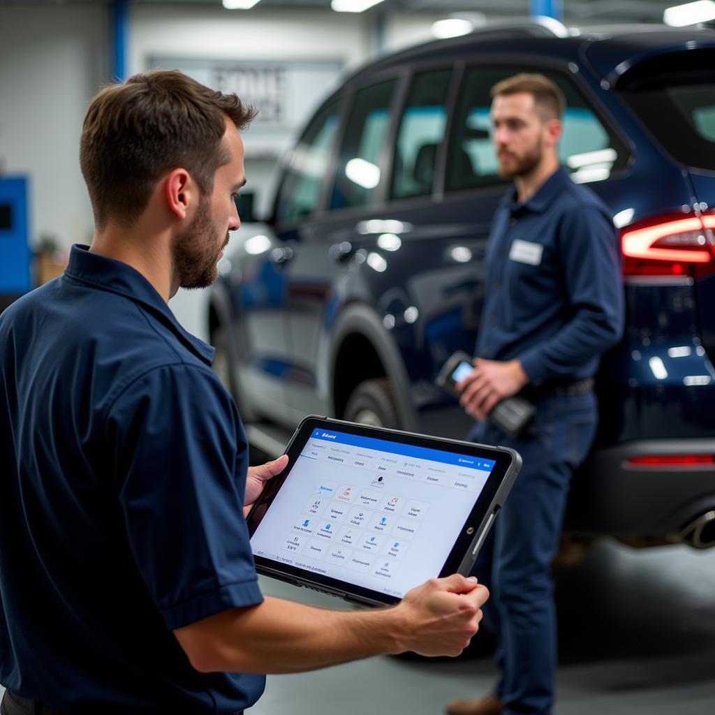 Mechanic Using Ross Tech Tablet in Workshop