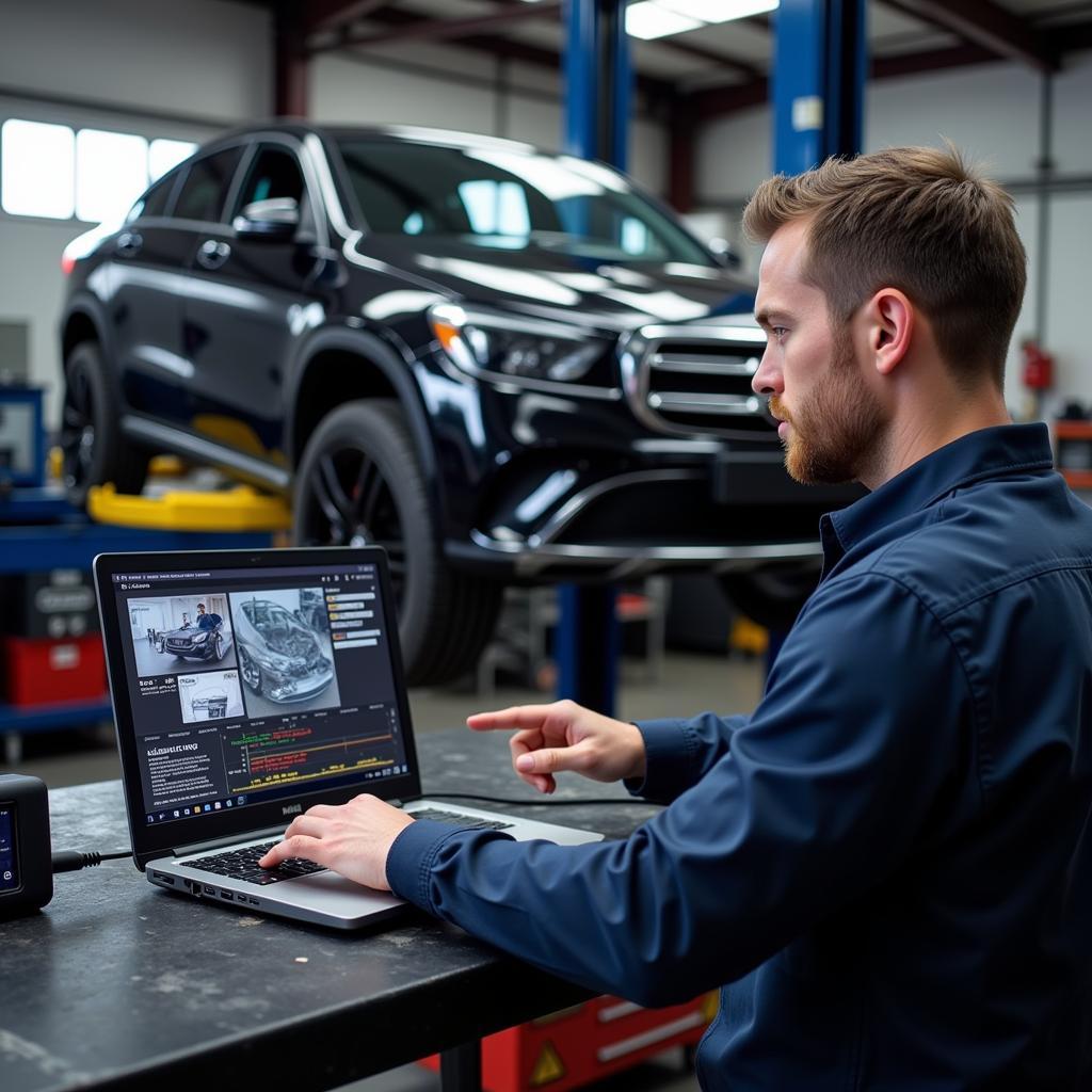 Mechanic using Ross-Tech to diagnose a Mercedes