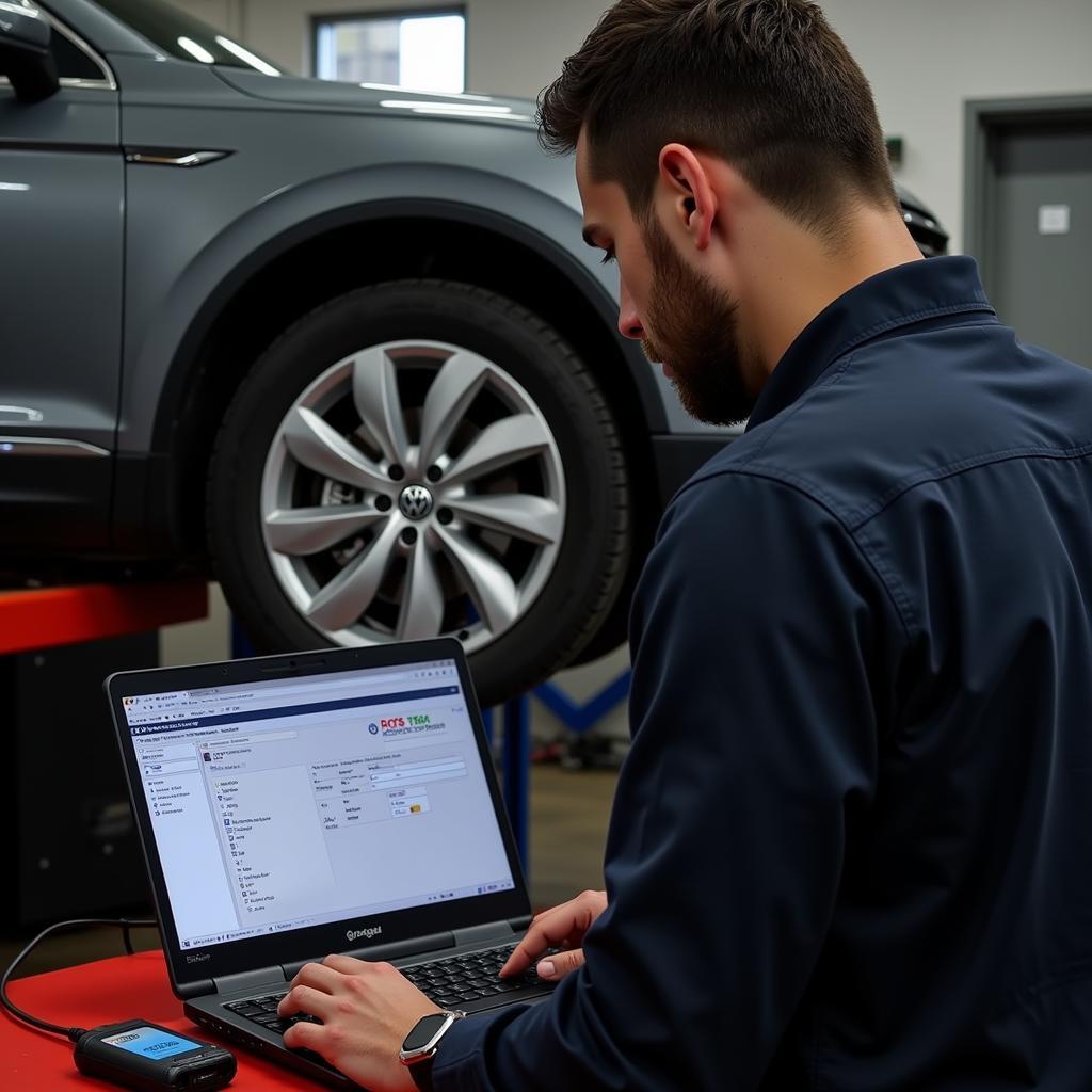 Mechanic using Ross-Tech to diagnose VW parking brake