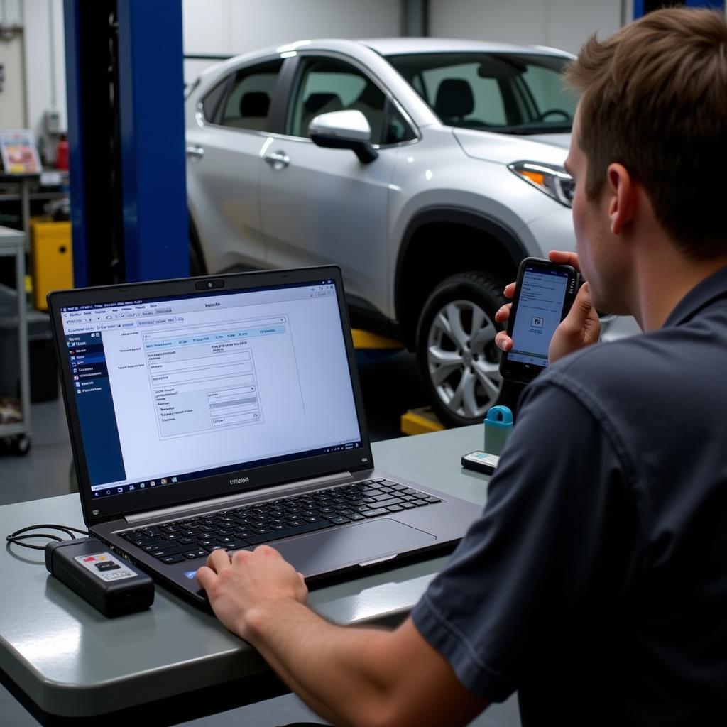 Mechanic Using Ross-Tech VCDS HEX V2 to Diagnose Car