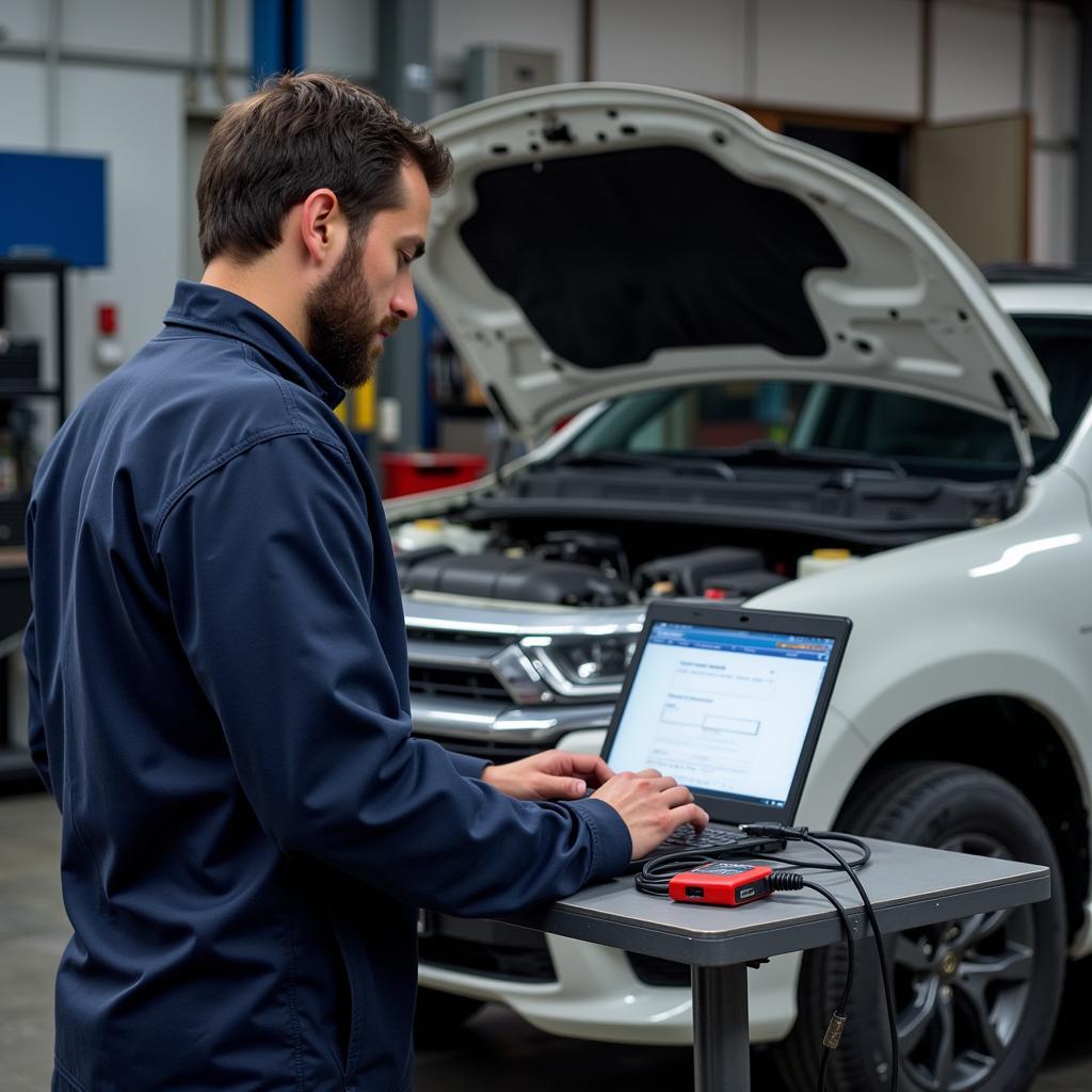 Mechanic using Ross-Tech VCDS on a car