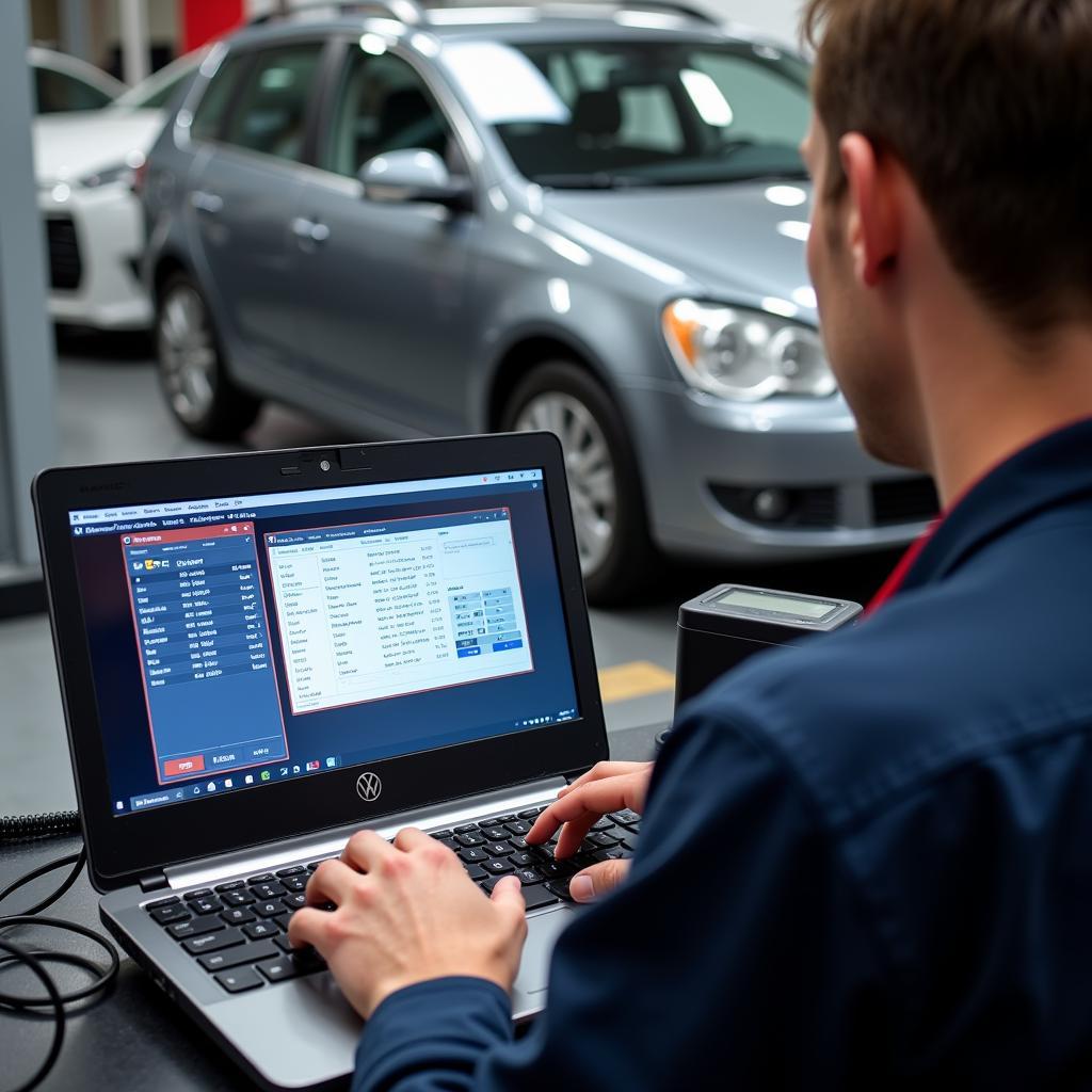 Mechanic using VAG CAN Pro with VCDS software on laptop