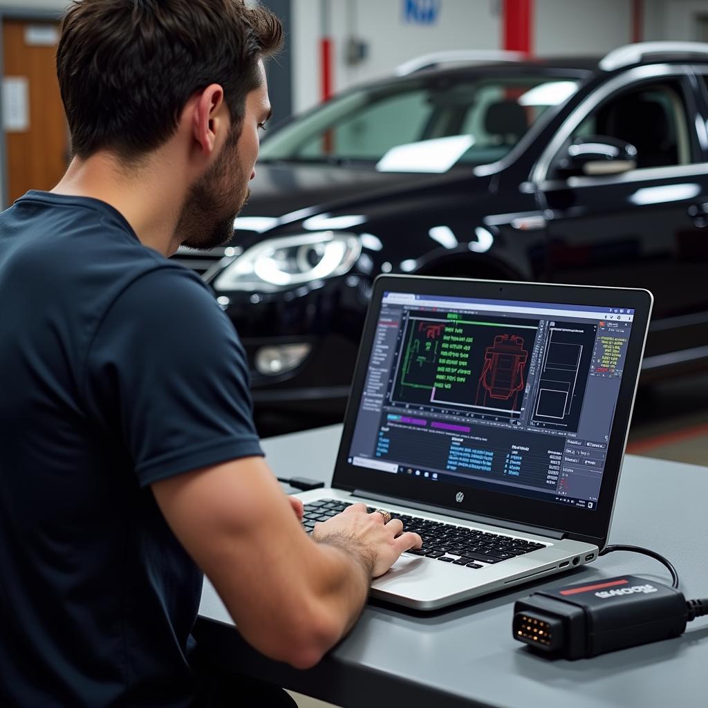 Mechanic using VAG-COM to diagnose a car