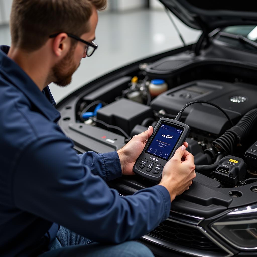 Mechanic Using VAG-COM for Car Diagnostics