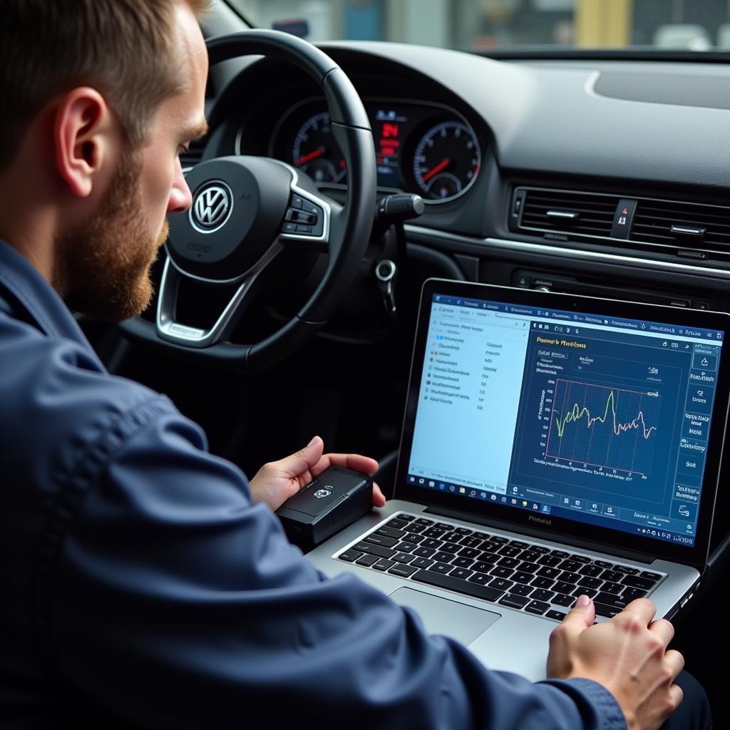 Mechanic Using VAG COM HEX CAN USB for Diagnostics