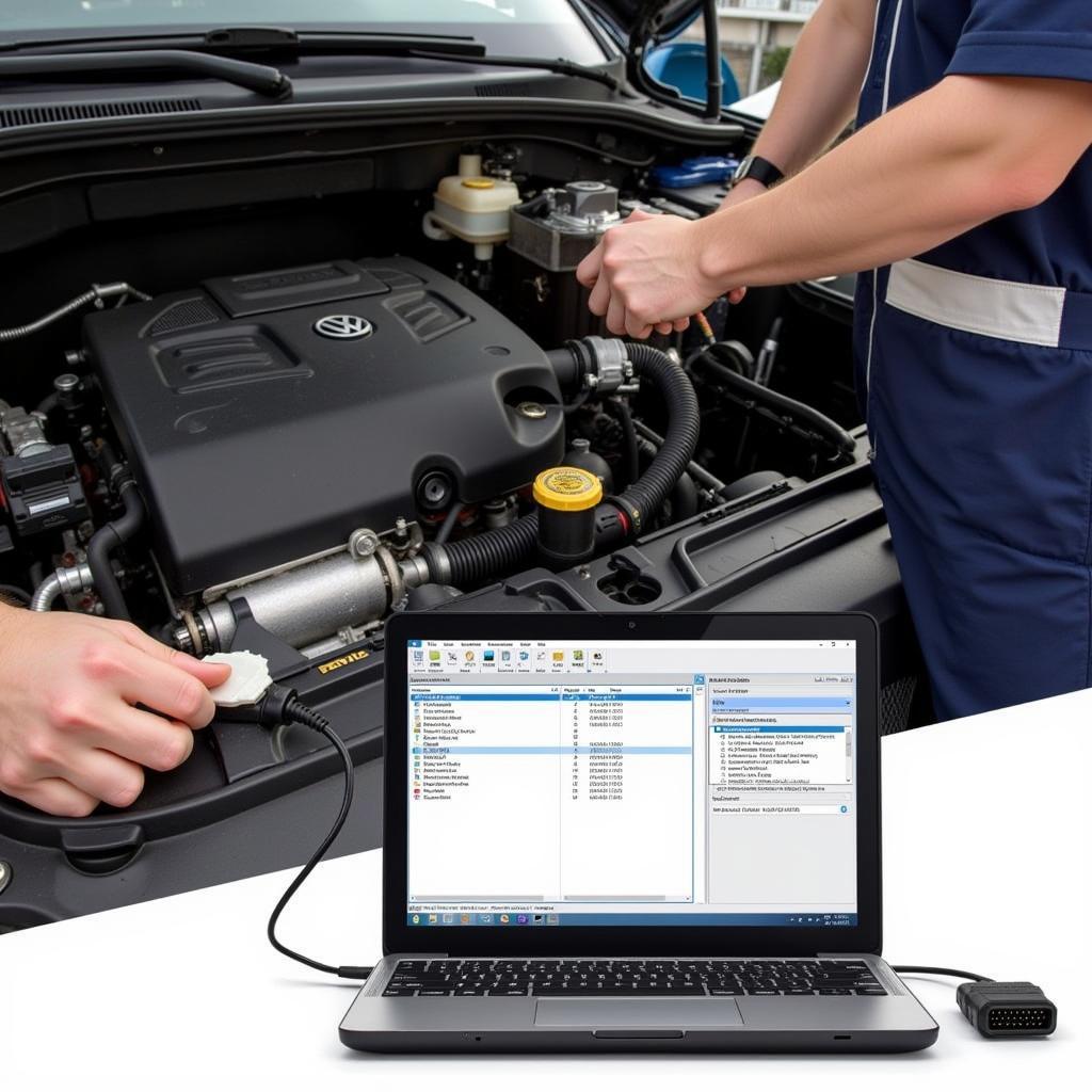 Mechanic Diagnosing a Vehicle with VAG COM Lite 1.2