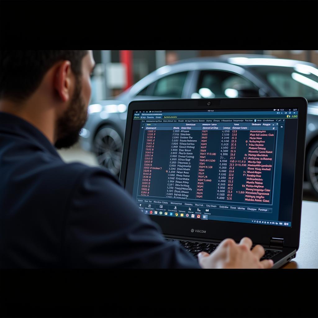 Mechanic using VAG-COM software on a laptop