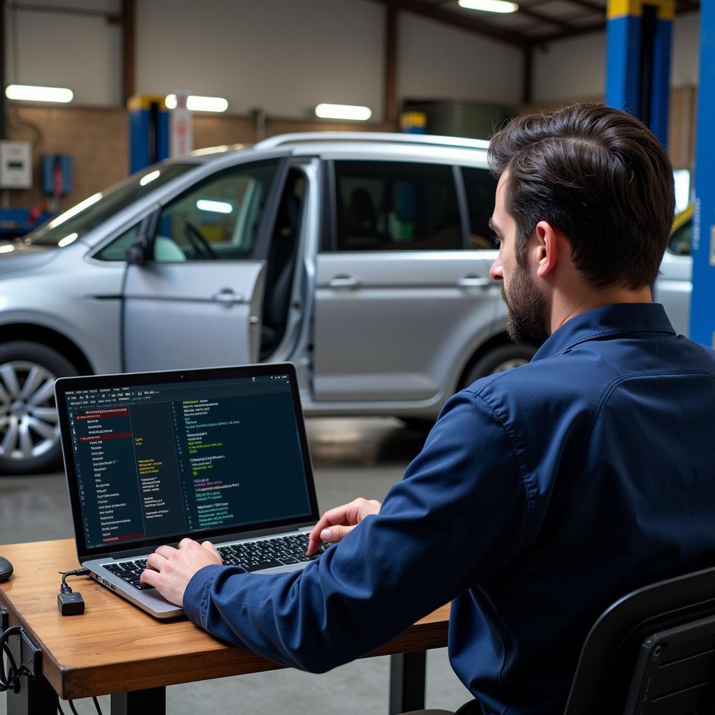 Mechanic Diagnosing VW Touran with VAG COM Reader