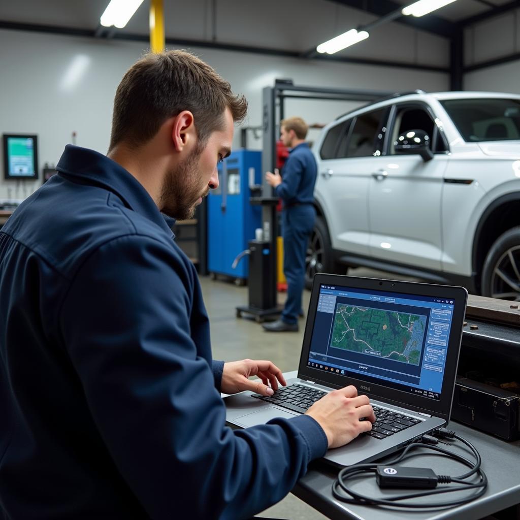 Mechanic using VAG COM to diagnose a car in a workshop