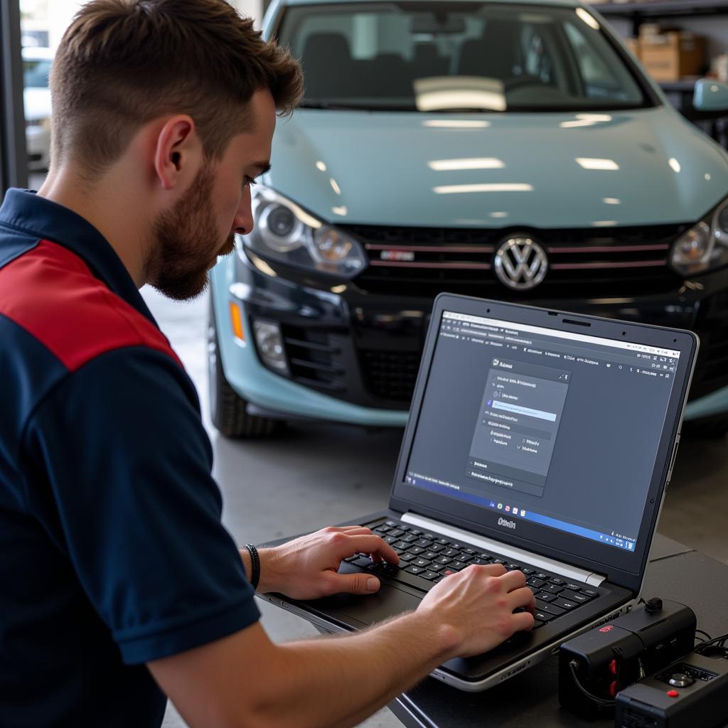 Mechanic Using VAG-COM to Diagnose a Volkswagen Golf Mk5