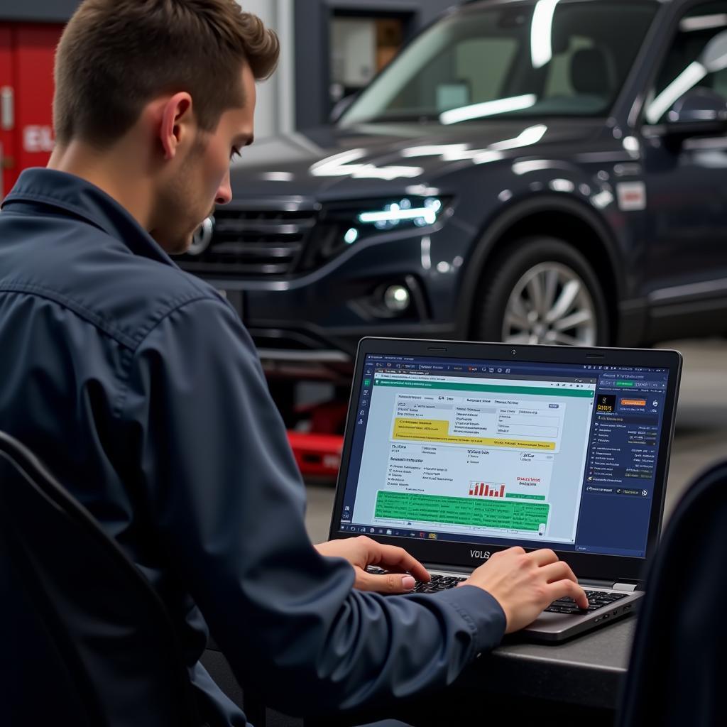 A mechanic utilizes VAG COM VCDS 12.12 3 to diagnose a vehicle problem.