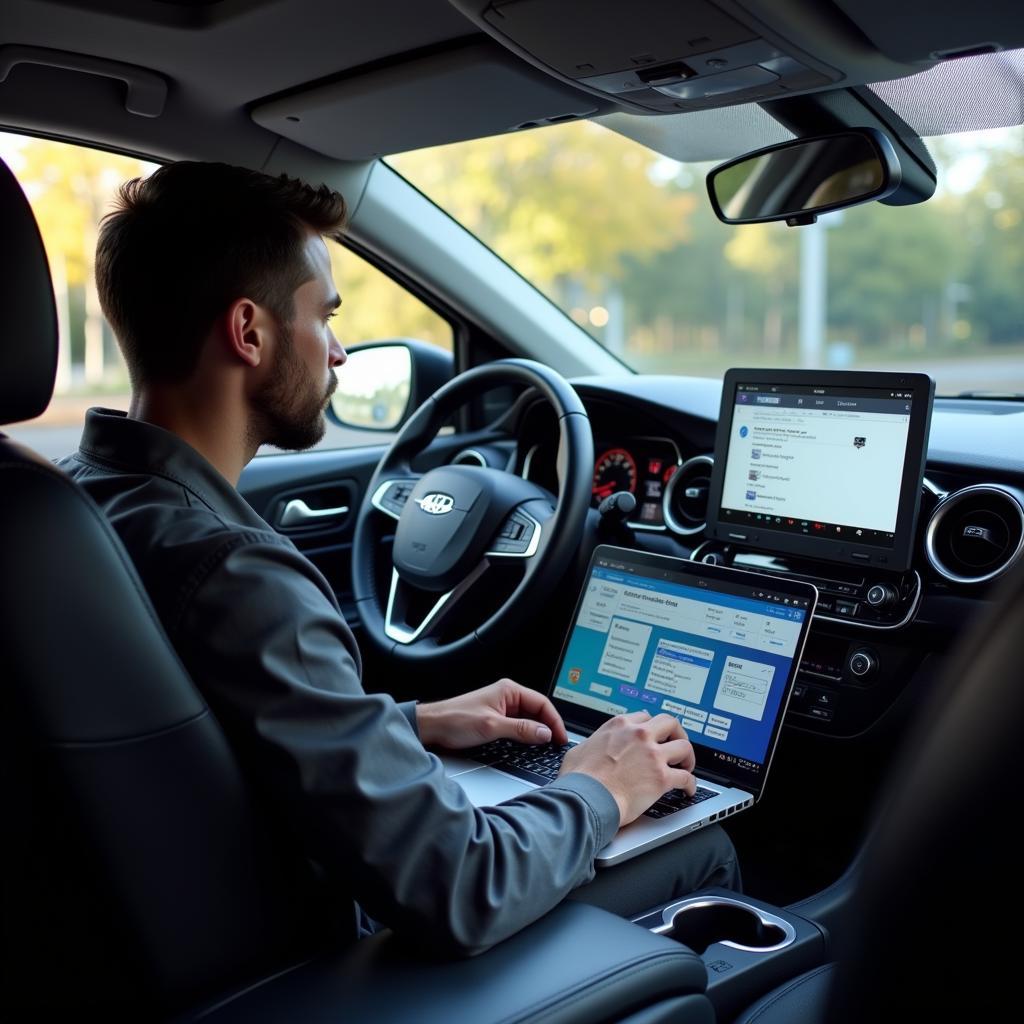 Mechanic Diagnosing Car with VAG-COM VCDS Scanner