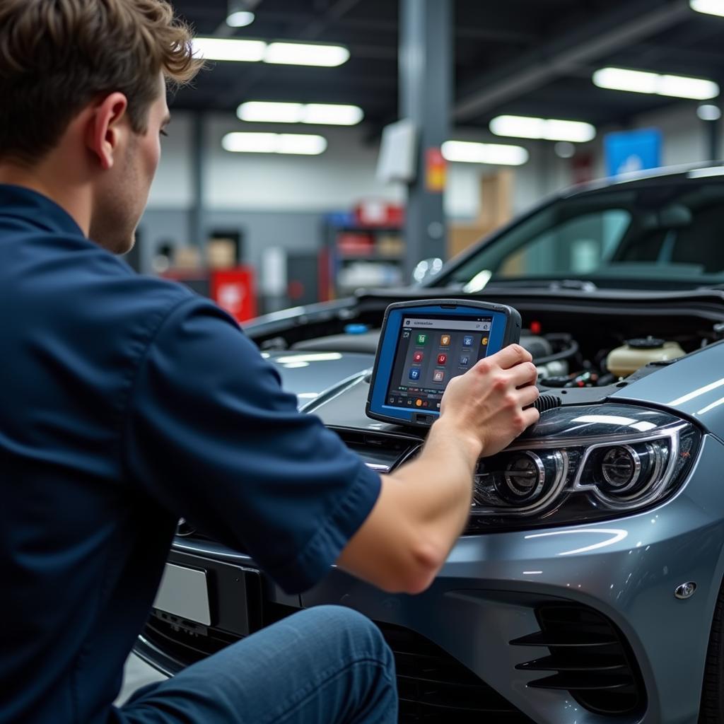 A mechanic using a VCDS interface to diagnose a car