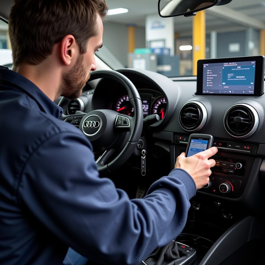 Mechanic Using VCDS Cable on Audi A3 8V