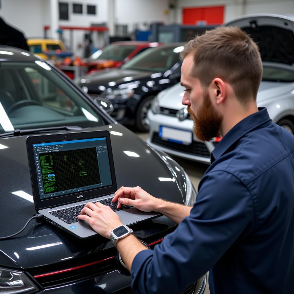 Mechanic using VCDS in a Workshop