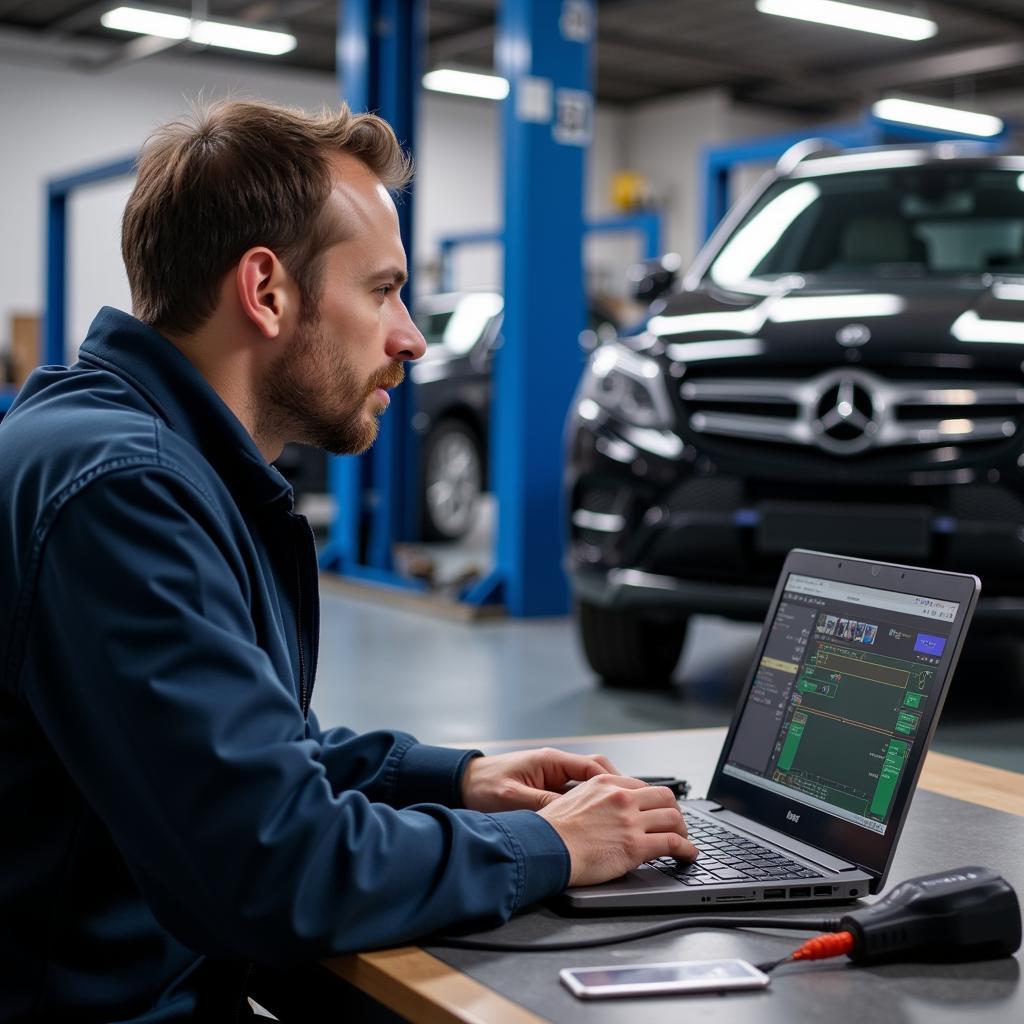 Mechanic using VCDS on a laptop to diagnose a car