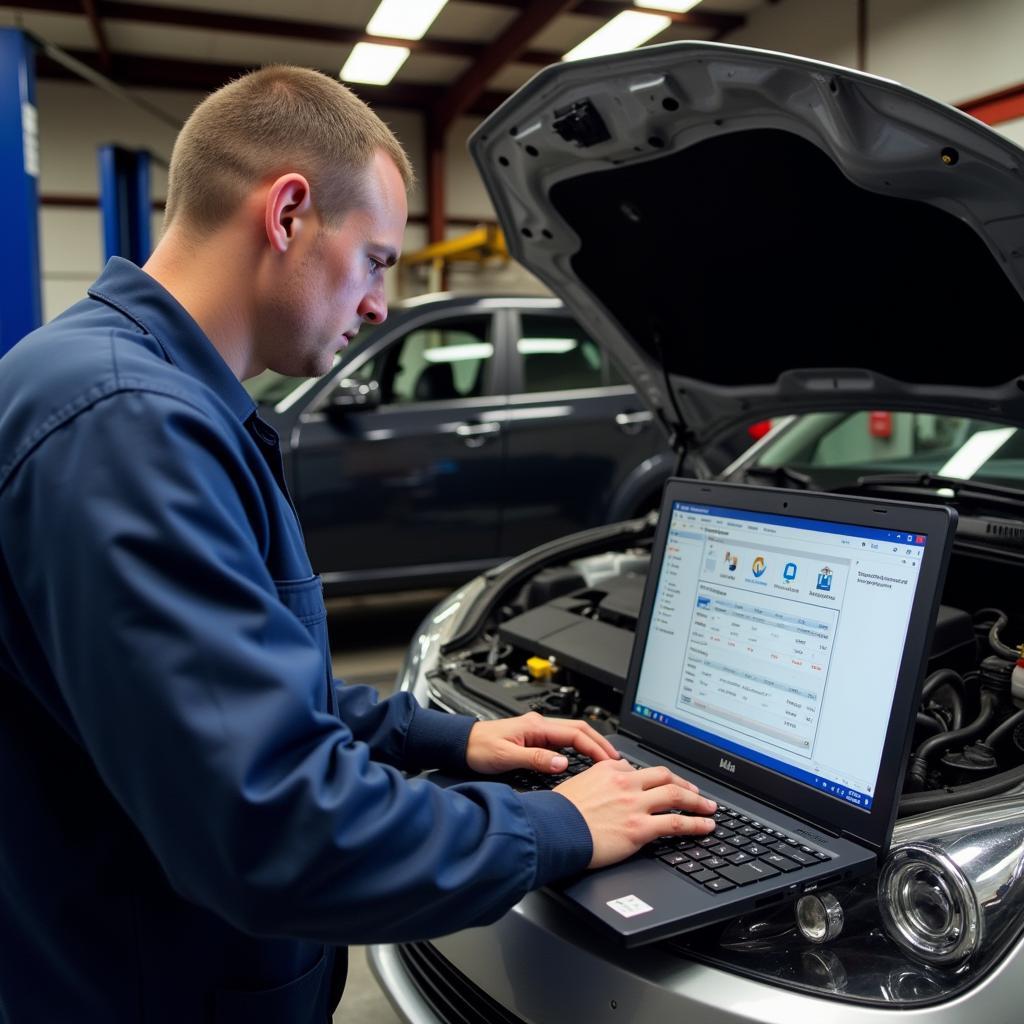 Mechanic Using VCDS Lite in a Garage