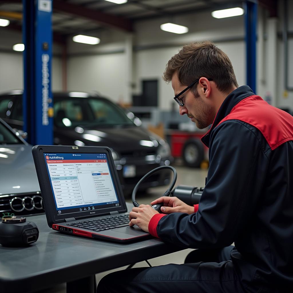 Mechanic using VCDS Lite to diagnose an Audi in a professional garage setup