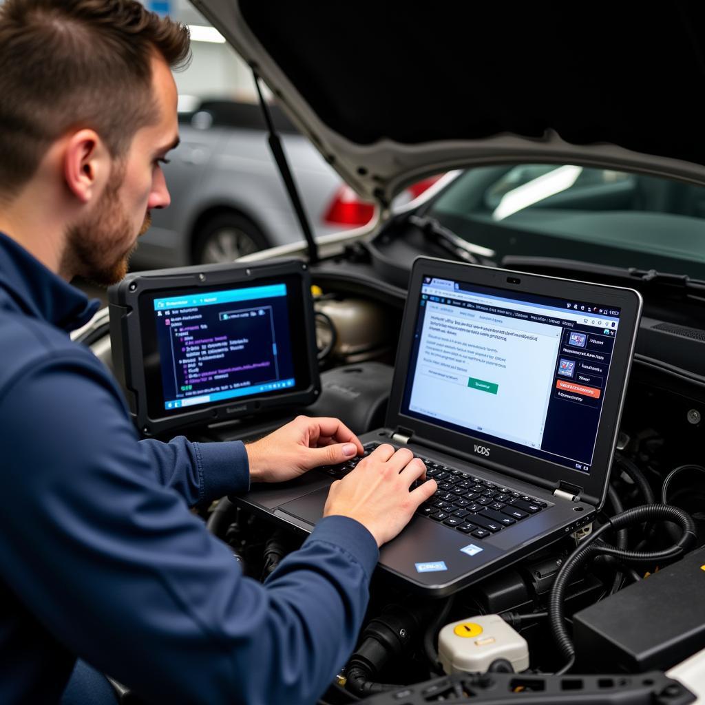 Mechanic Using a VCDS Machine