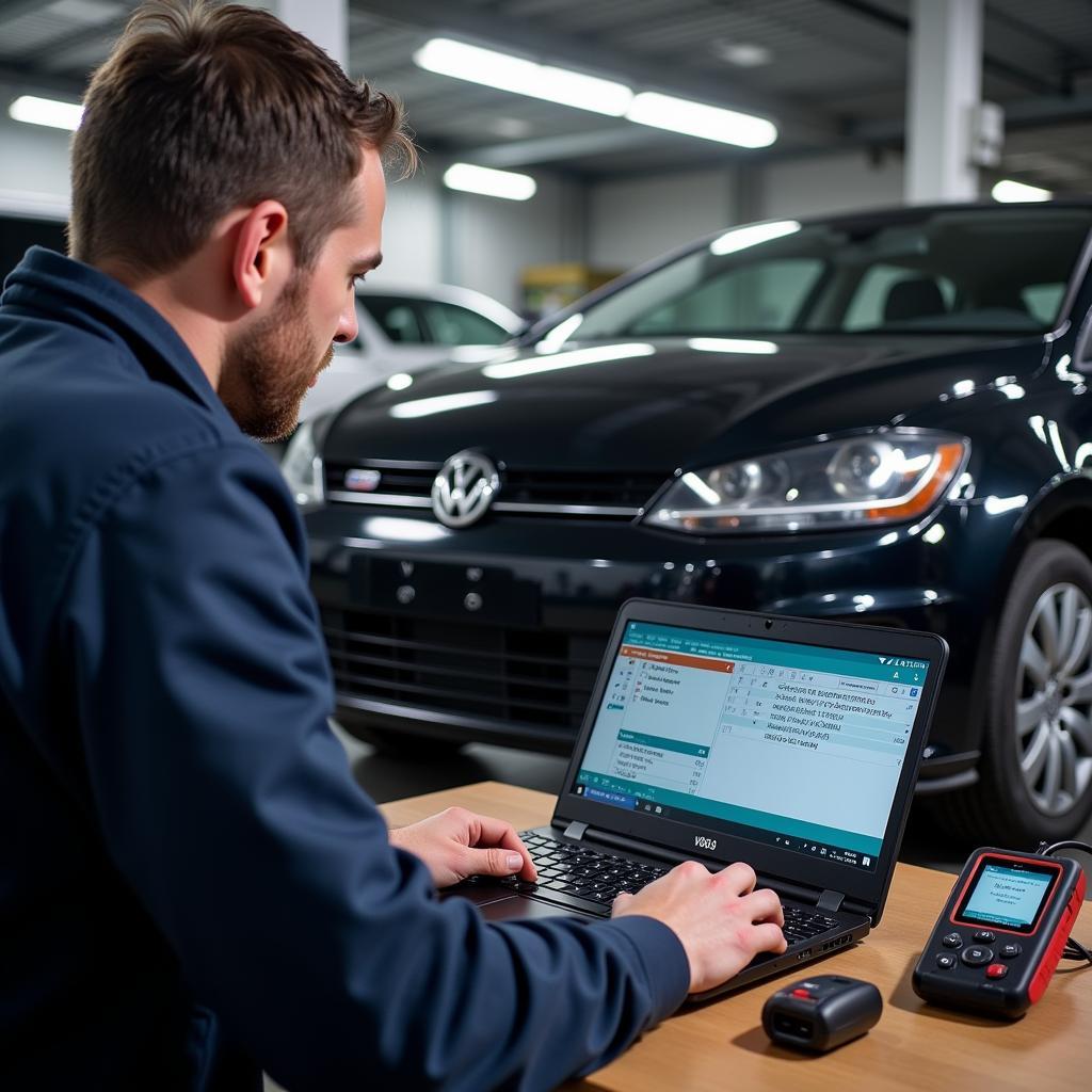 Mechanic using the VCDS Micro-CAN to diagnose a car problem