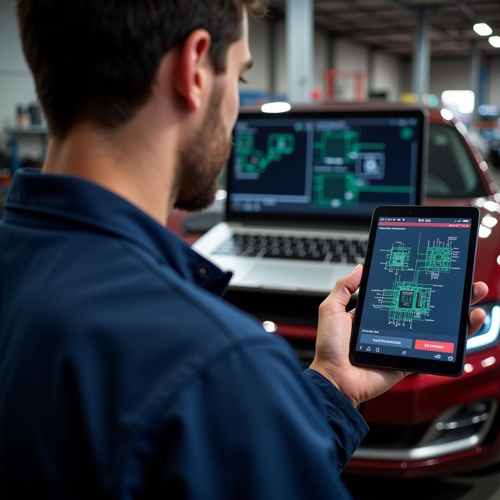 Mechanic Using VCDS on Tablet