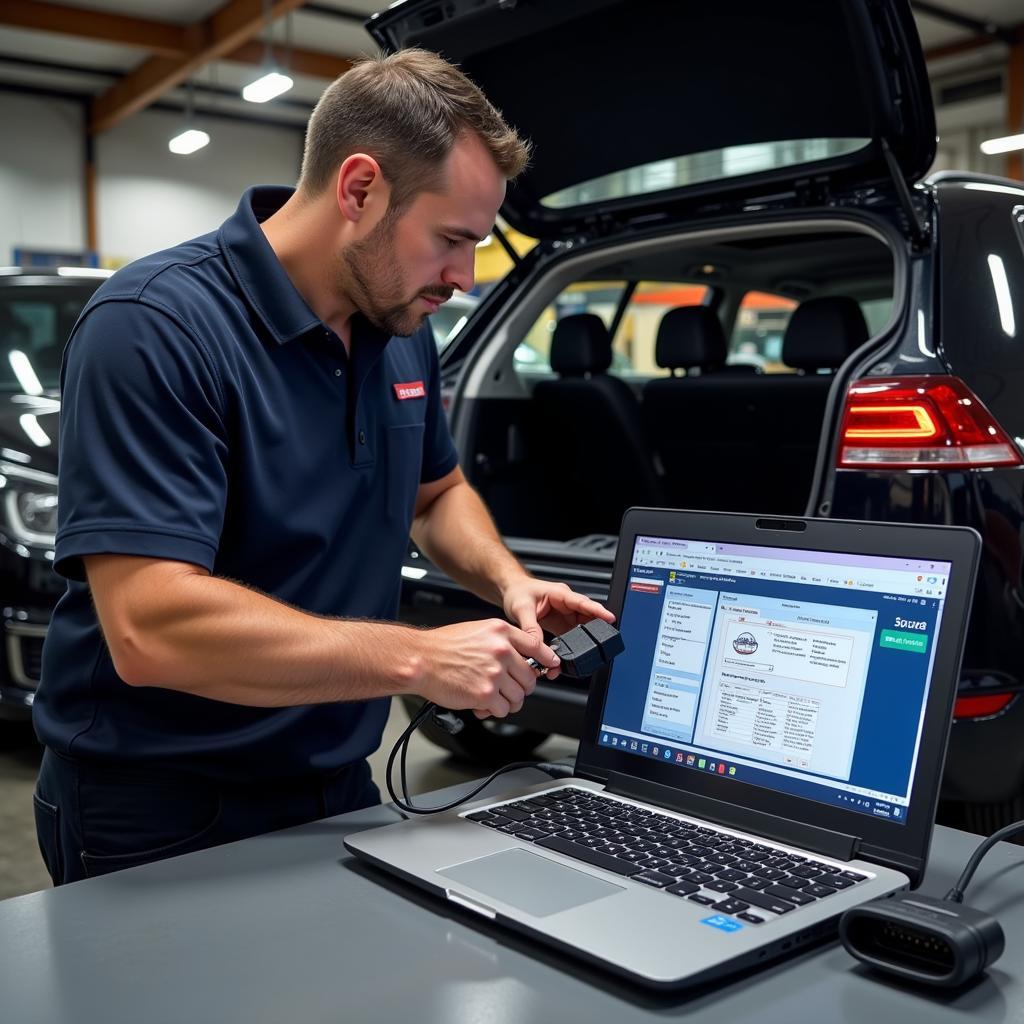 Mechanic using VCDS for VAG vehicle diagnostics