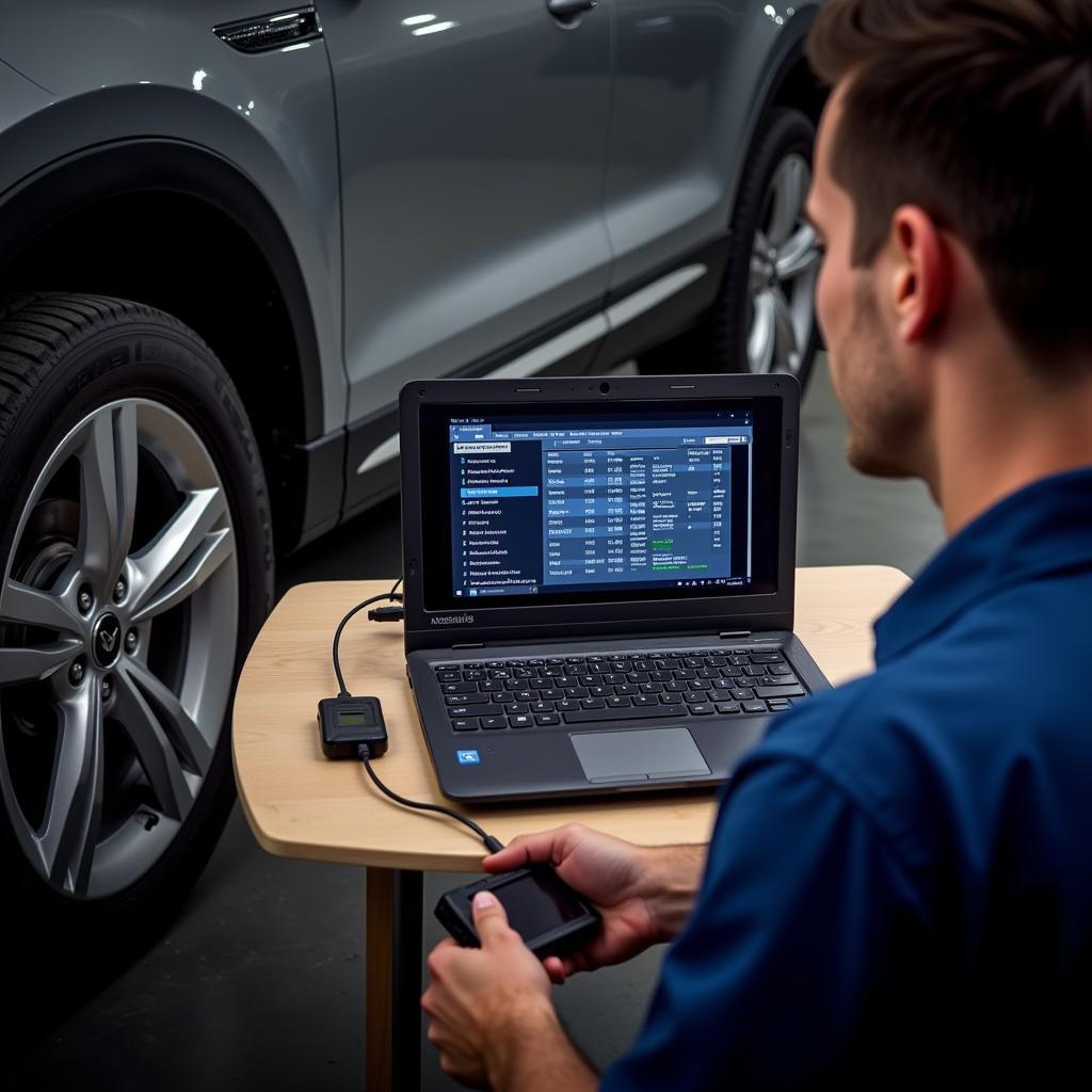 Mechanic Using VCDS Software on a Laptop