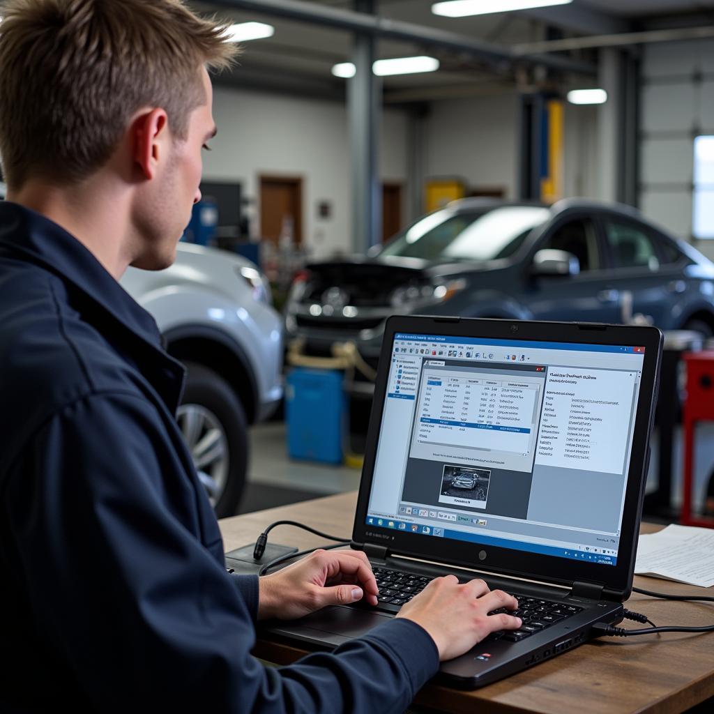 Mechanic Using VCDS Software on Laptop