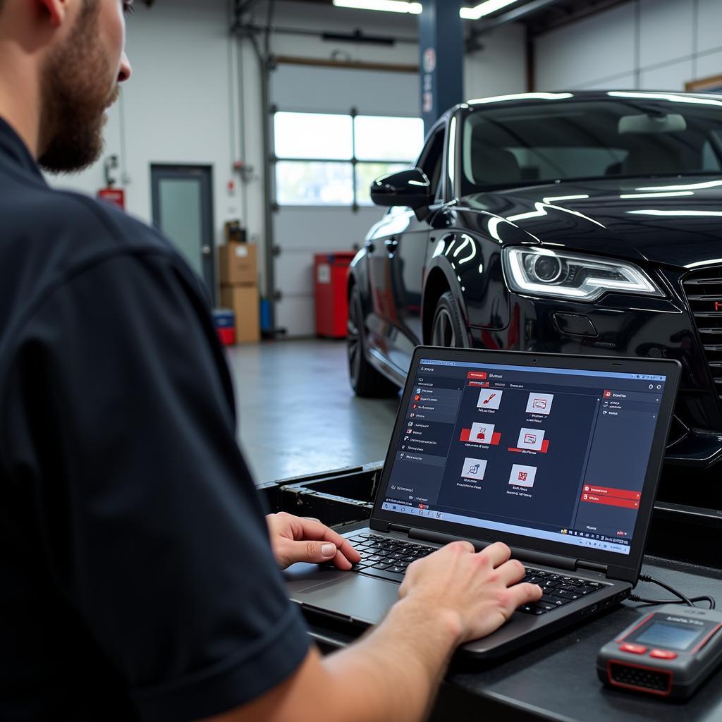 A mechanic using a VCDS tool to diagnose a transmission issue in an Audi B9 S4.