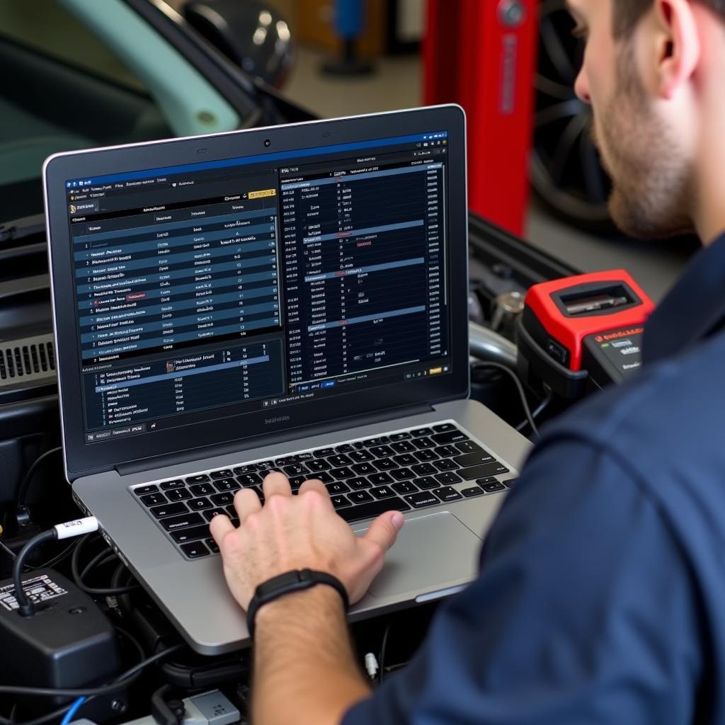 Mechanic diagnosing a car using a VCDS system