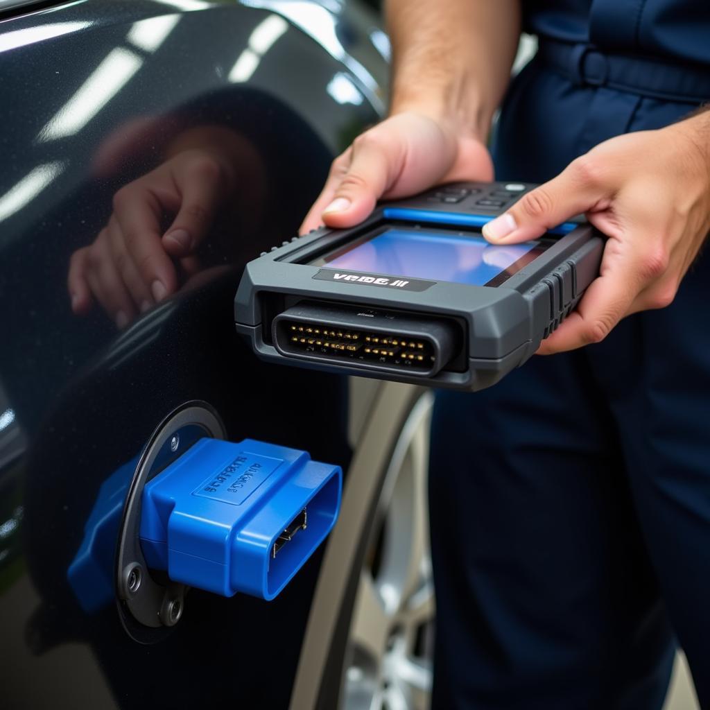 Mechanic using a VCDS tool to diagnose a car's engine