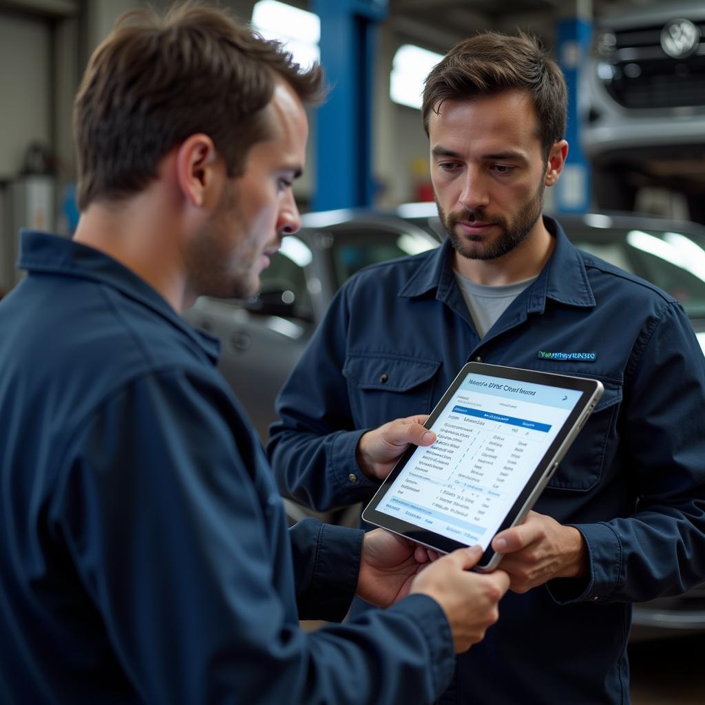 A mechanic referencing a VW EPC code for repair