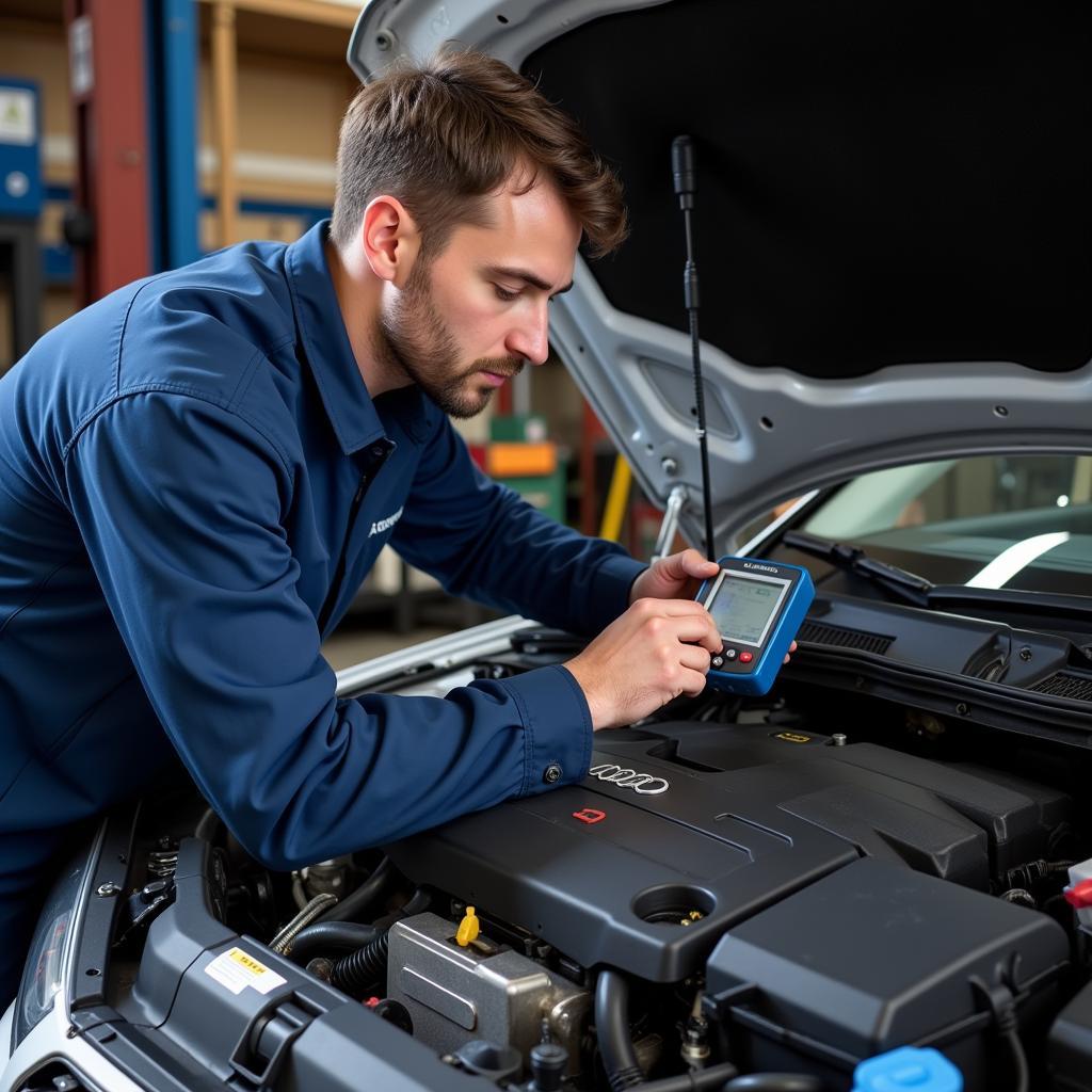 Mechanic Diagnosing an Audi A3 Engine