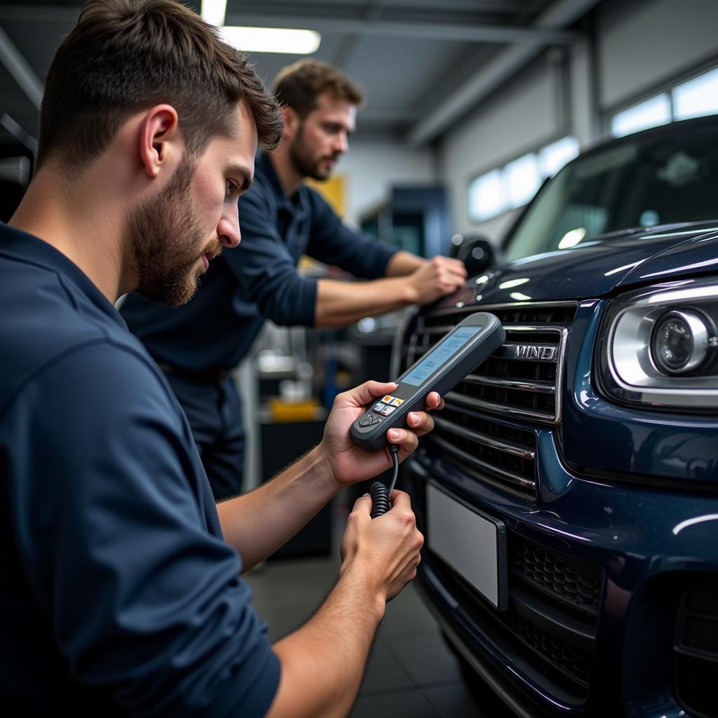 Mechanic Performing Diagnostics on a Mini Cooper