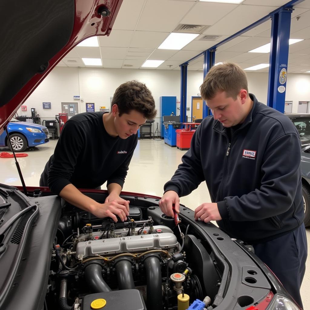 Students working on a car engine in the Pickaway-Ross Automotive Lab