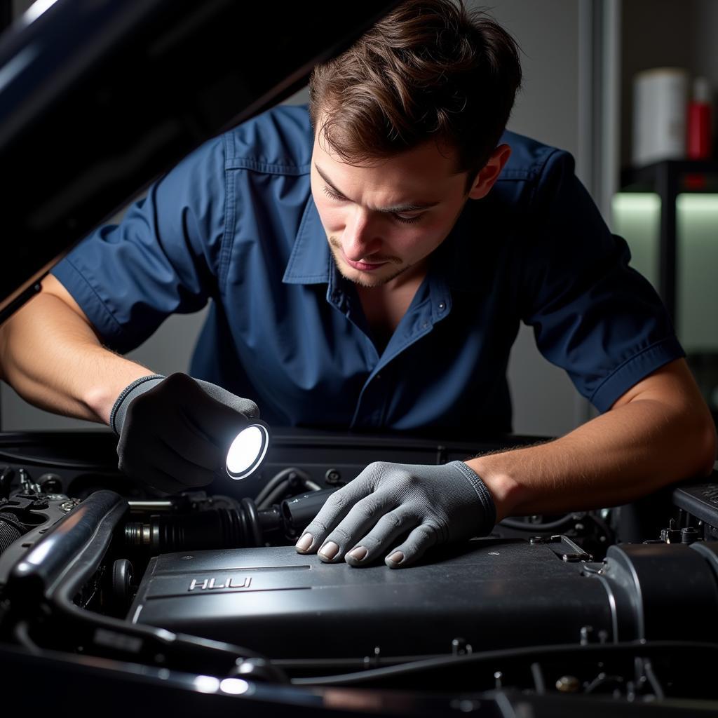 Mechanic Inspecting Porsche Boxster Engine Bay